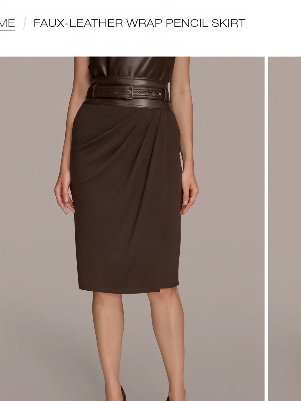 Donna Karan Dark Brown Faux-Leather Wrap Pencil Skirt